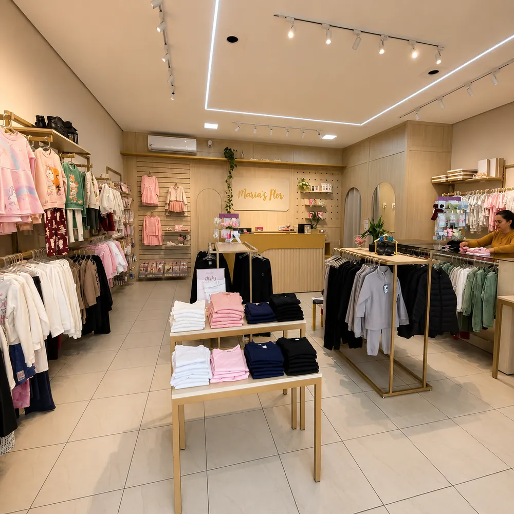 Vitrine e araras de roupas na Maria's Flor Kids
